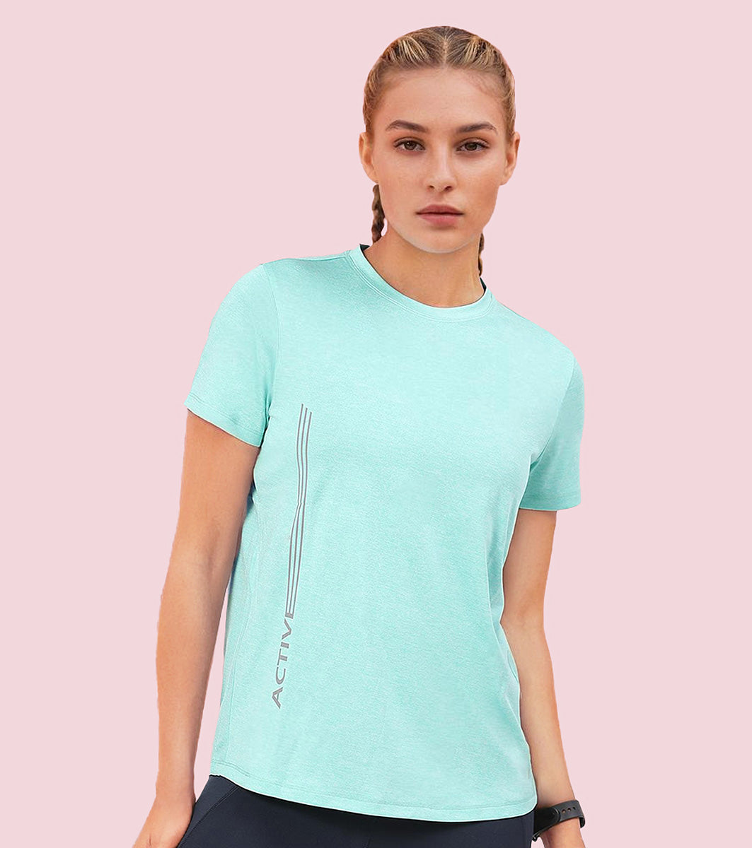 Enamor A309 Women Basic Workout Relaxed Fit Crew Neck Short Sleeve Tee with Reflective Active Graphic - Pool Blue Mel