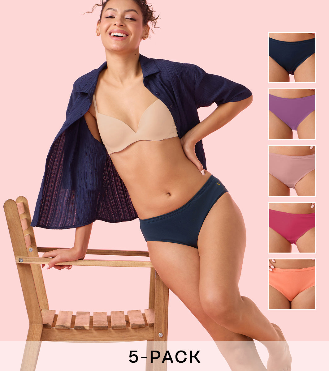 Enamor Chic Cotton, All Day Comfort, Mid Waist Hipster Panty for Women - Naturally Breathable, Antimicrobial with Stain release, Inner Elastic, Full Coverage - CH03 Pack of 5 (Multicolorsolid)