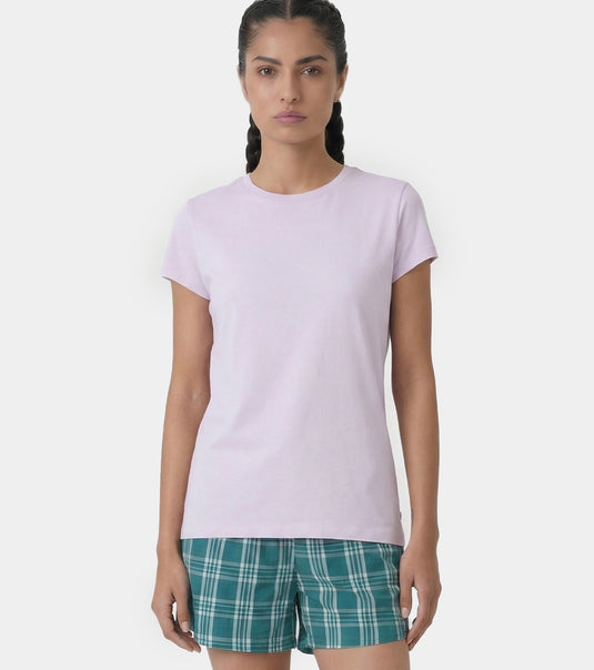 Enamor Short Sleeve Crew Neck Regular Length Basic Crew T-Shirt for Women - Slim Fit, Soft and Breathable Stretch Cotton - E047 (Lavender Fog)