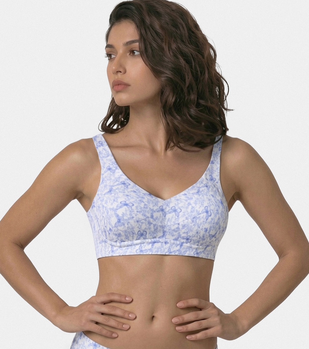 Enamor Bamboo Cotton A077, Side Support, Everyday Women's T-Shirt Bra - 3X Softer, 4X more Absorbent, Antimicrobial, Padded, Wirefree, Full Coverage (Blue Tinted Wings Print)