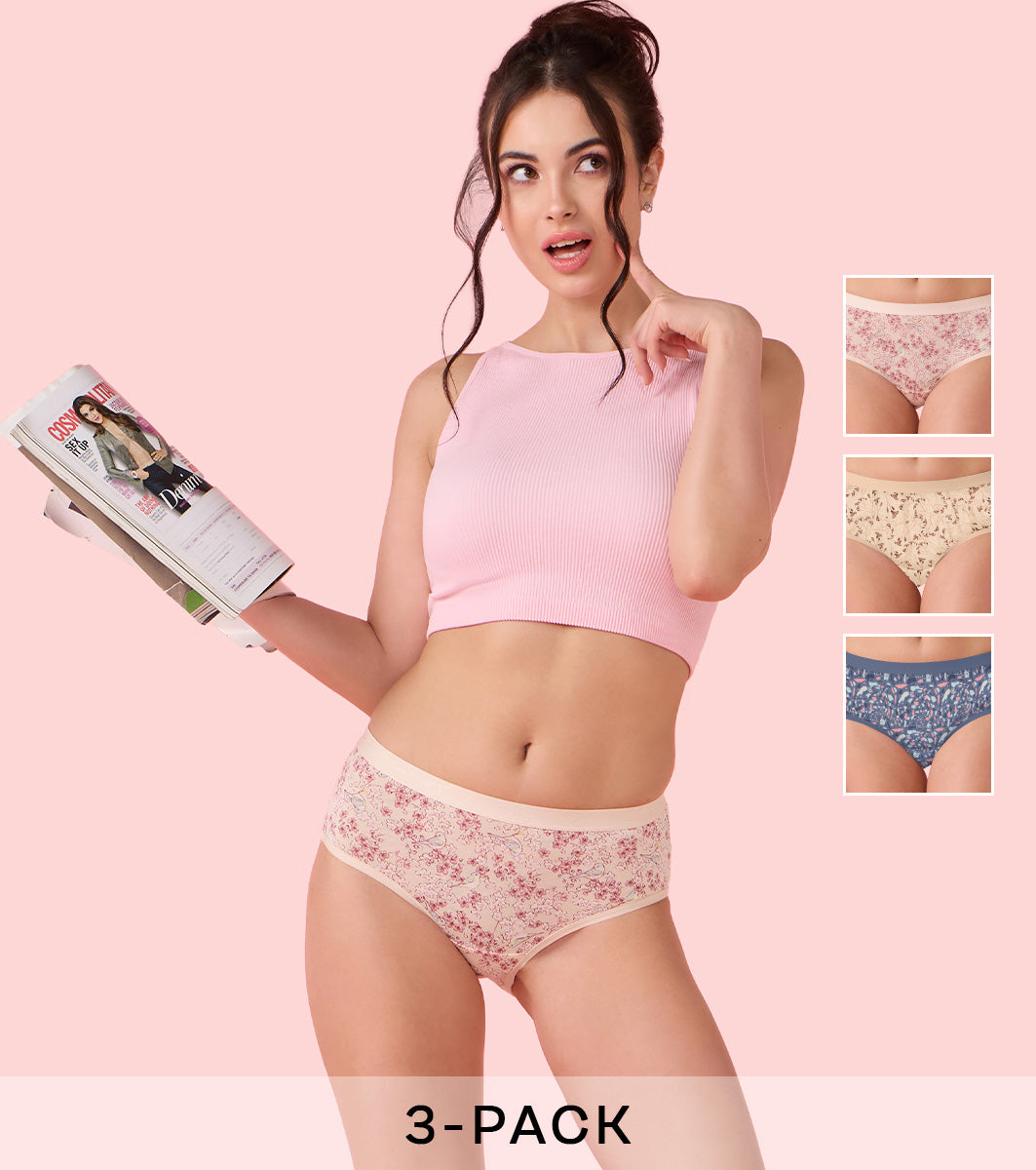 Enamor Chic Cotton, Naturally Breathable Cotton, All Day Comfort, Mid Waist Brief Panty for Women - Full Coverage - CH07 Pack of 3 (Multicolorprint)
