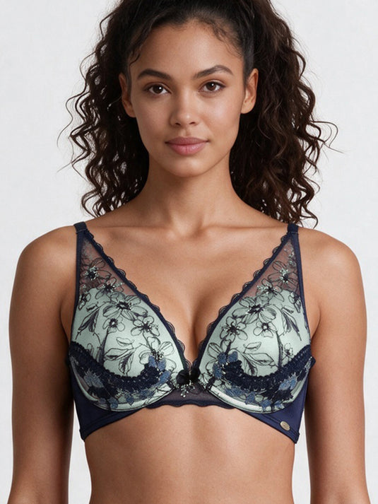 Enamor Ornate Lace Plunge Bra – F163, Level-1 Push-Up, Underwire Support, Feminine Plunge Neckline  (Blue Velvet)