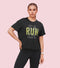 Enamor Short Sleeve Crew Neck Crop length Pull On Crop Graphic T-Shirt For Women - Oversized Fit, Inspirational Graphic at the Front - A311 (Jetblk-Run Faster)