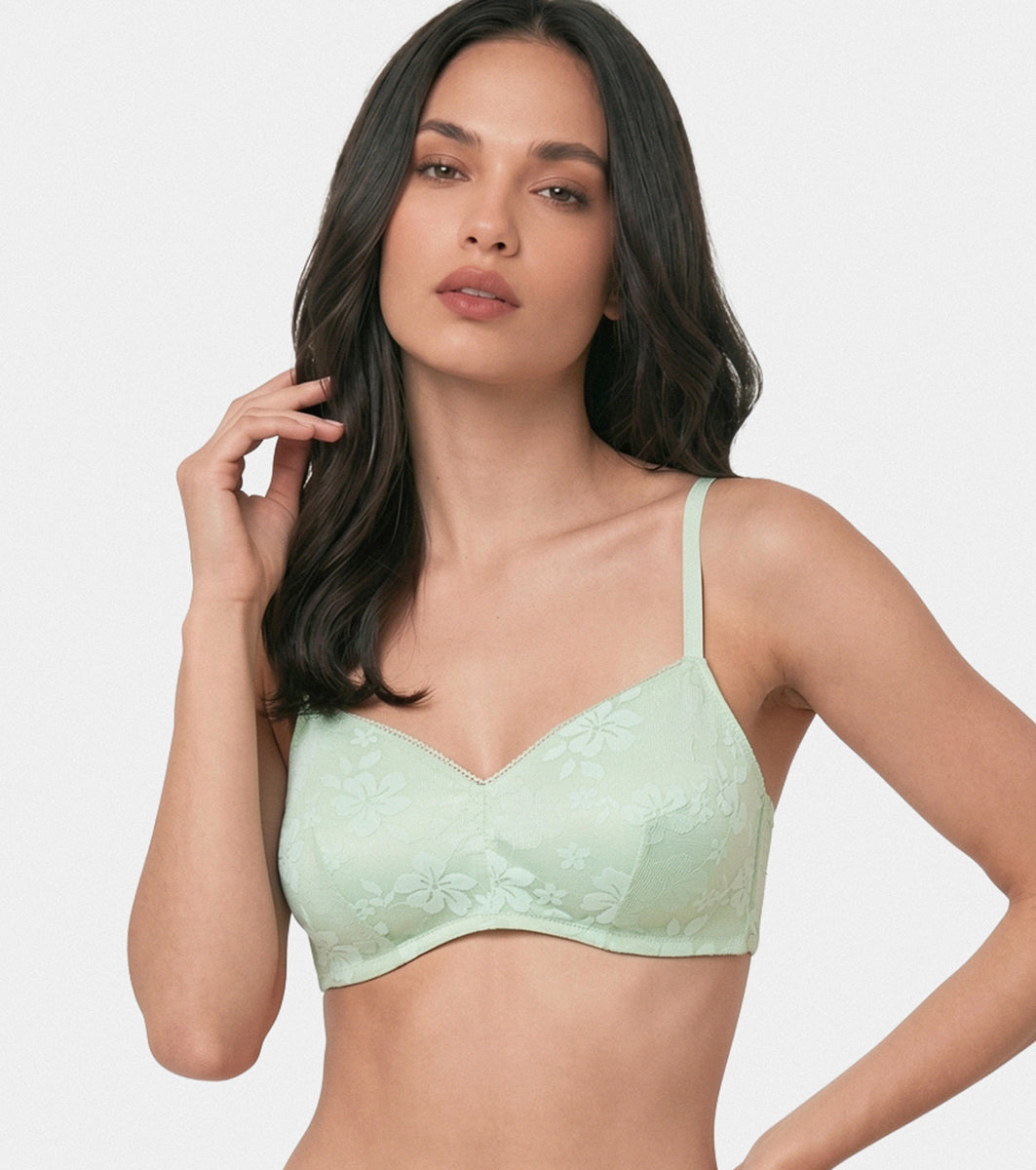 Enamor Soft Girl Floral Women's Padded Bra, Wire-Free, Medium Coverage, Lace Everyday Bra - SMB05 (Smoke Green)