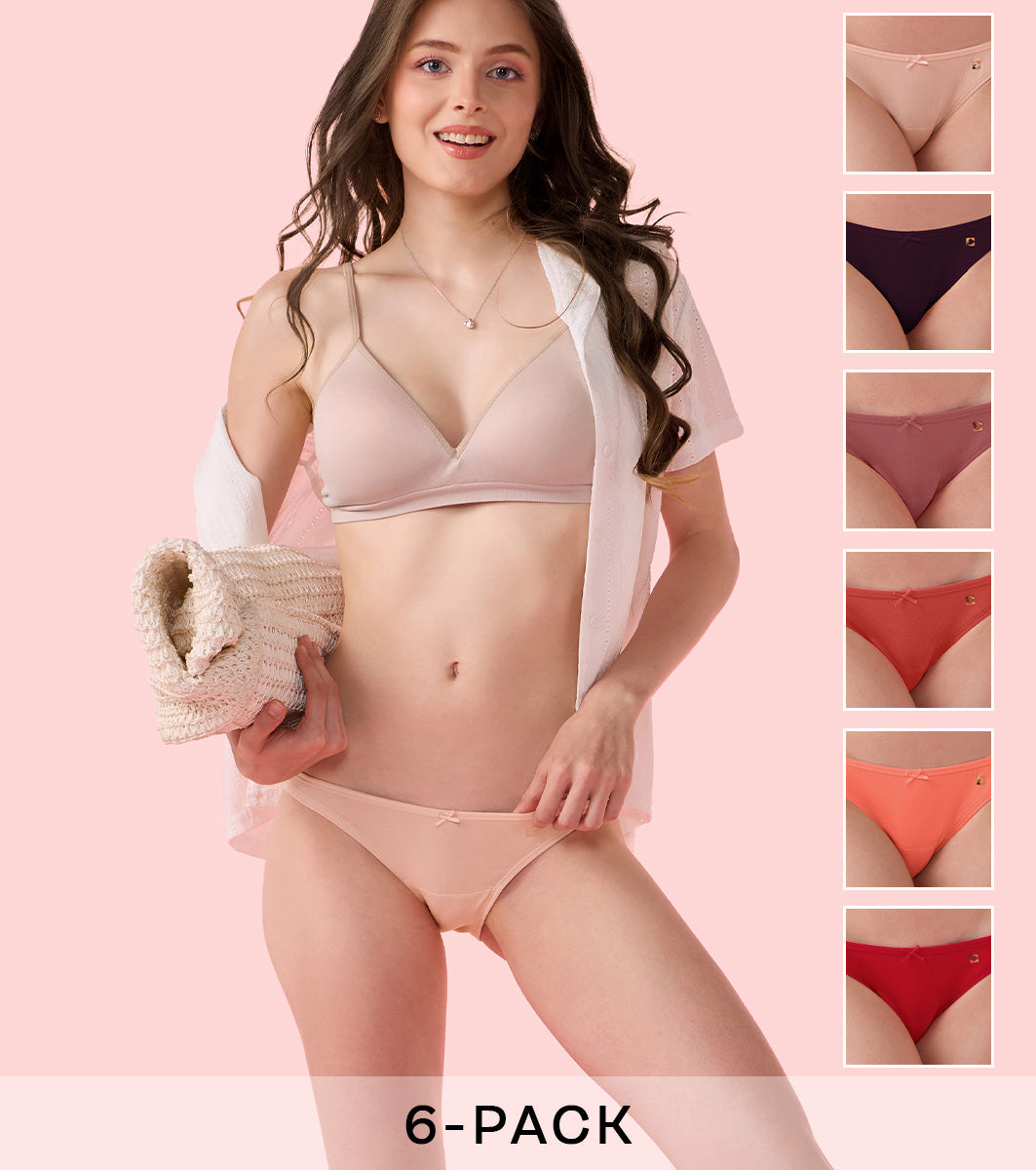 Enamor CB17 Chic Stretch Cotton, Naturally Breathable Cotton, All Day Comfort, Low Waist Brief Panty for Women -  Antimicrobial with Stain Release, Soft Outer Elastic, Regular Coverage -  Pack of 6 (Multicolorsolid)