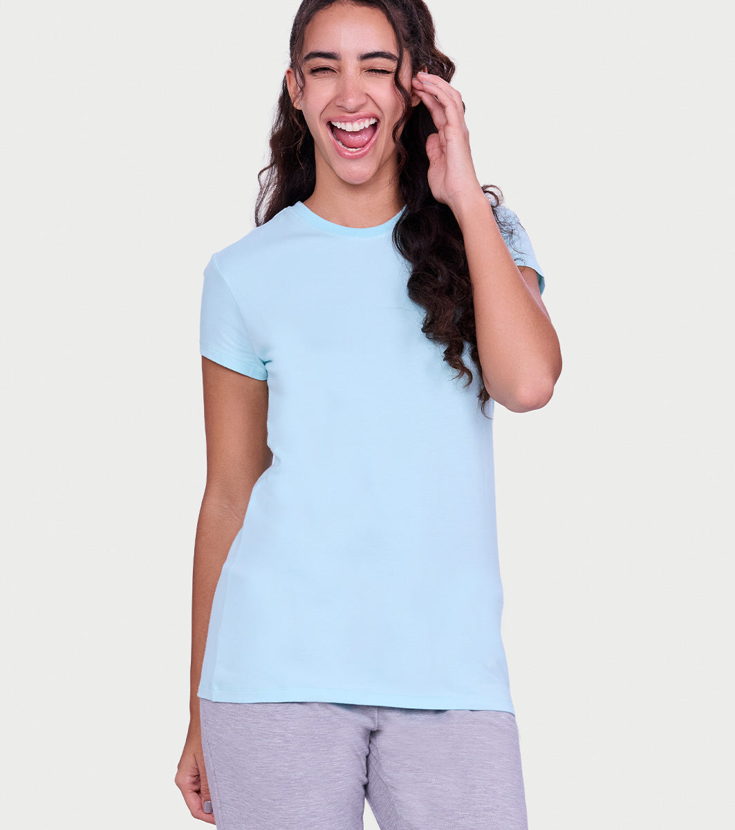 Enamor Short Sleeve Crew Neck Regular Length Basic Crew T-Shirt for Women - Slim Fit, Soft and Breathable Stretch Cotton - E047 (Clear Water)