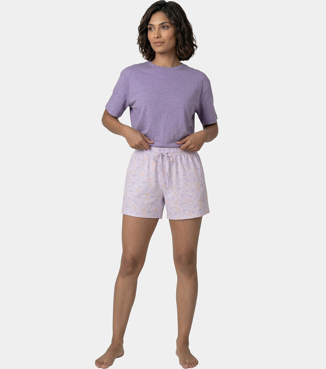 Enamor Drawstring Mid Thigh Length Mid Rise Basic Shorts - Relaxed Fit, Super Soft Cotton - E062 (Dot Texture Flower Print)