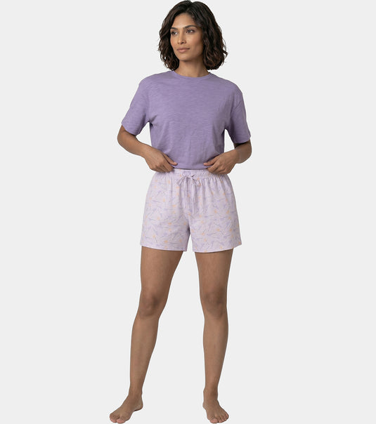 Enamor Drawstring Mid Thigh Length Mid Rise Basic Shorts - Relaxed Fit, Super Soft Cotton - E062 (Dot Texture Flower Print)