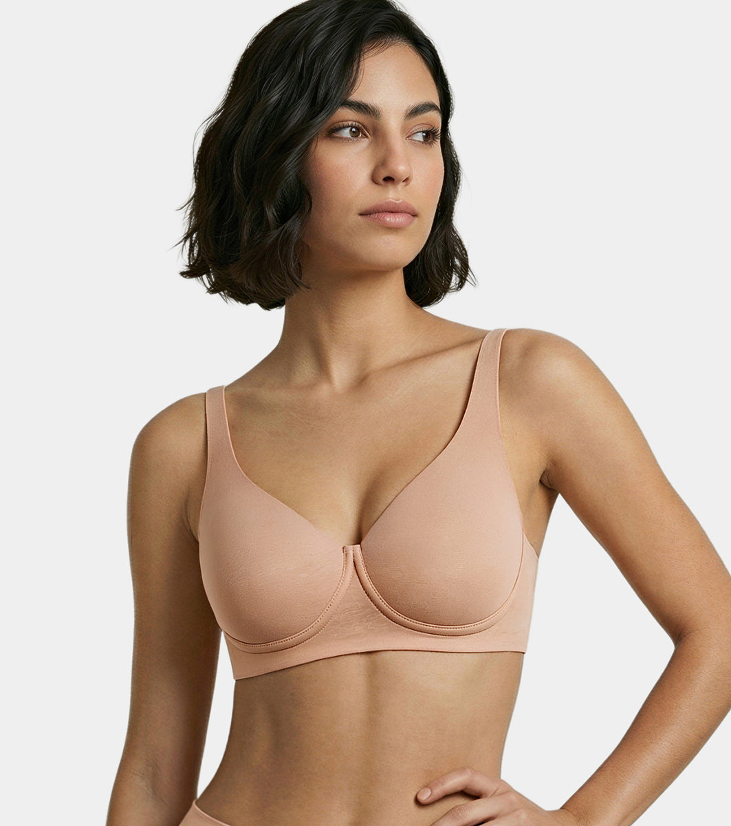 Enamor Bamboo Cotton IO05, Plunge, Everyday Women's T-Shirt Bra - 3X Softer, 4X more Absorbent & Antimicrobial, Padded, Wirefree, High Coverage (Honey Beige)
