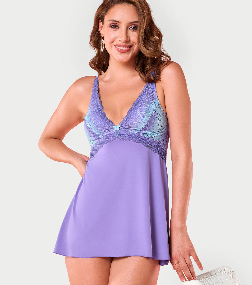 Enamor N191 Non-Padded Wire-Free Plunge Scallop-Wave Babydoll - Blue Wave