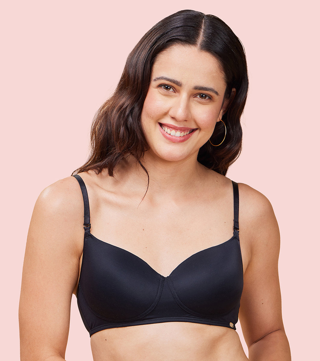 Enamor Women's Everyday  Balconette T-Shirt Bra - Eco fabric, Padded, Wirefree, Medium Coverage  - F131 (Black)