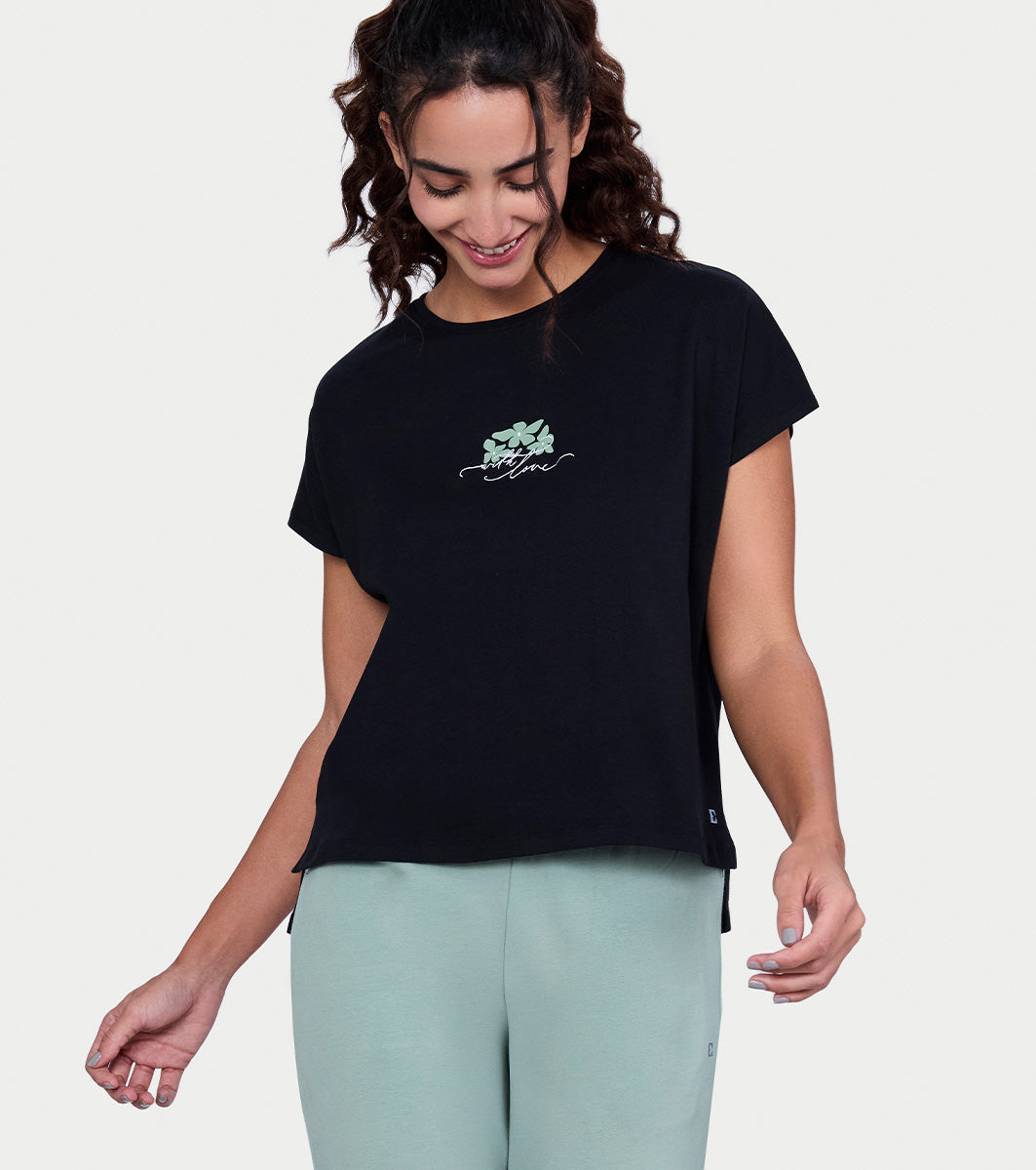 Enamor Pull on Sleeveless Crew Neck Regular Length Cotton T-Shirt For Women with Embroidery Details, Relaxed Fit - E3G7 (Jet Black With Love Print)