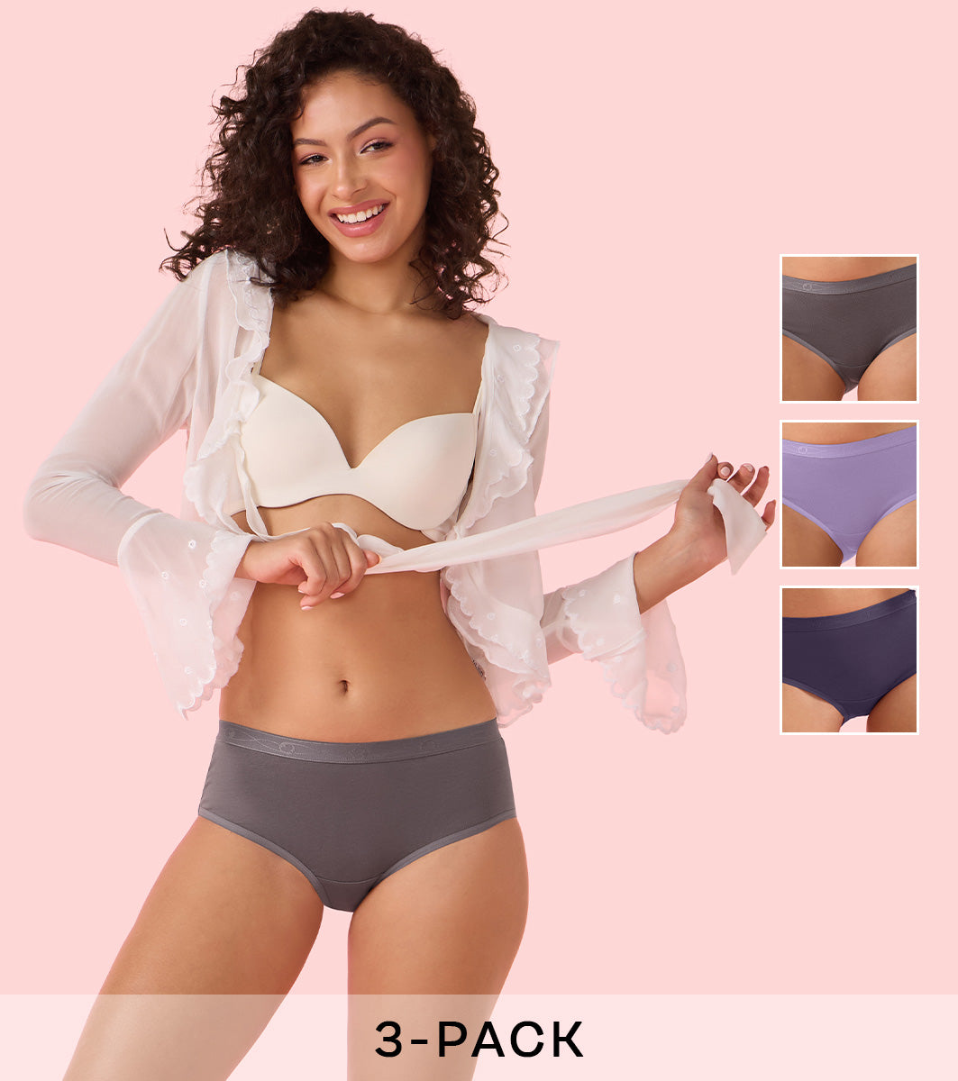 Enamor Chic Cotton, Naturally Breathable Cotton, All Day Comfort, Mid Waist Brief Panty for Women - Full Coverage - CH07 Pack of 3 (Multicolorsolid)