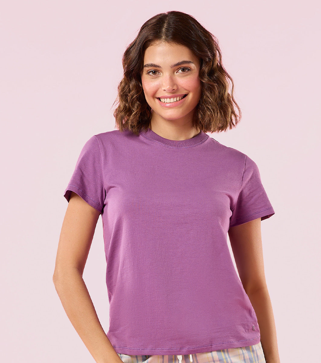 Enamor E311 Women Relaxed Fit Crew Neck Basic Stretch Cotton T-Shirt - Chinese Violet