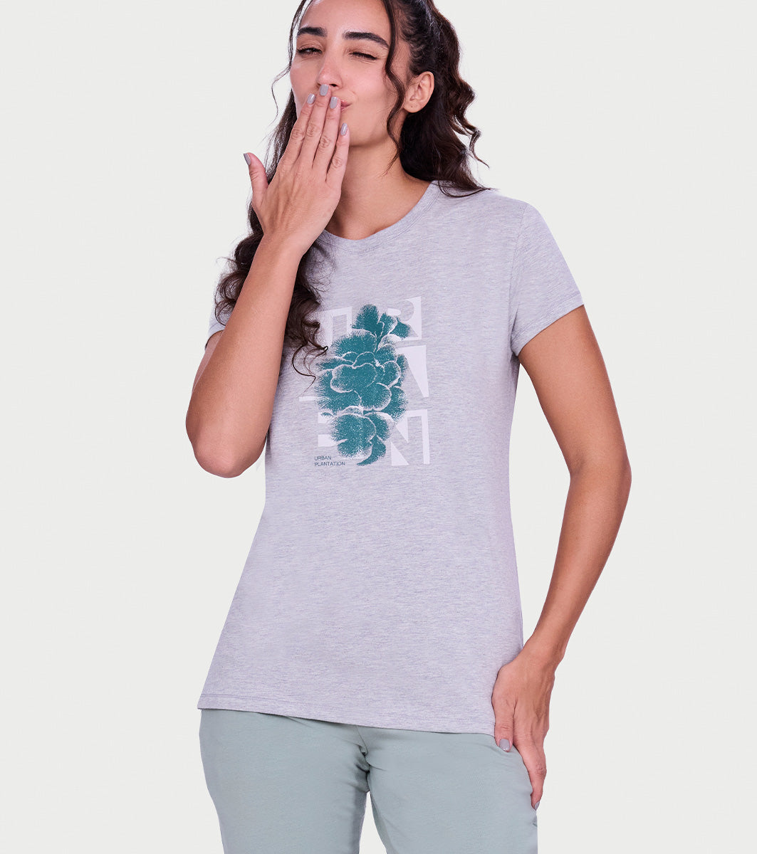 Enamor Short Sleeve Crew Neck Regular Length Basic Crew T-Shirt - Slim Fit, Soft and Breathable Stretch Cotton - E147 (Lt Grey Melange Urban Plantation Graphic)