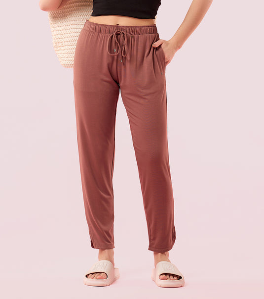 Enamor Mid Rise 7/8th length Drawstring Closure Shop In Pants for Women - Relaxed Fit, Soft & drapey 4-way stretch - E048 (Nutmeg)