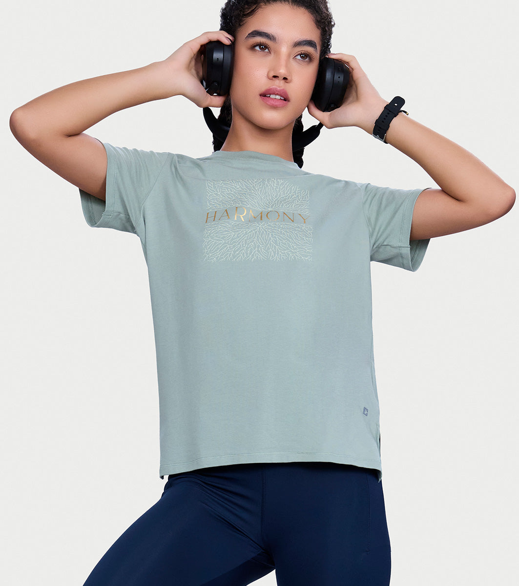 Enamor Short Sleeve Crew Neck Regular Length Cotton Active T-Shirt for Women - Relaxed Fit, Super Soft, Anti-Odour - A301 (Ice Green Harmony Graphic)