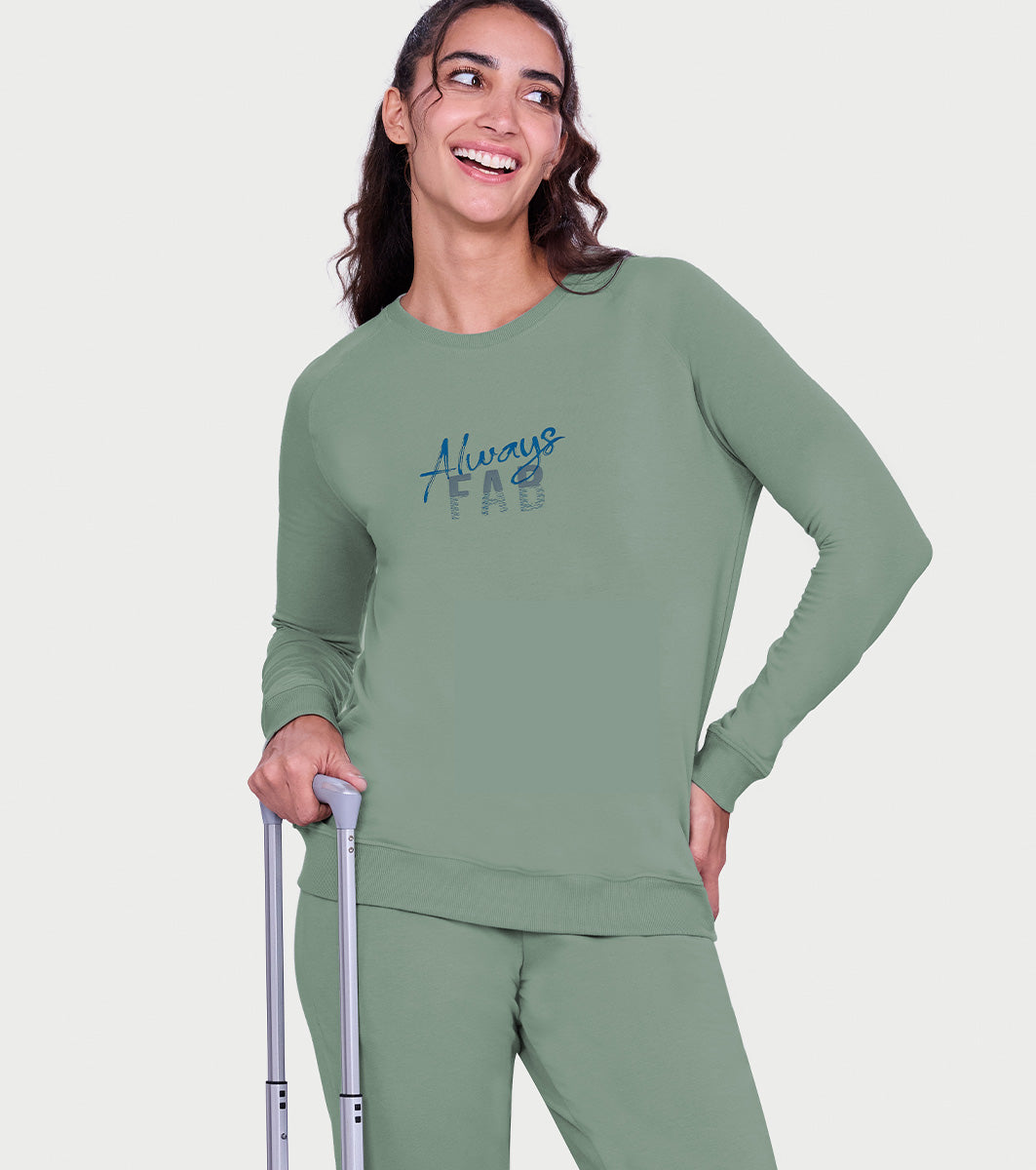 Enamor Full Sleeve Round Neck Regular Length Slip On Sweatshirt For Women - Graphic Print, Relaxed Fit - E079 (Iceberg Green Always Fab Graphic)