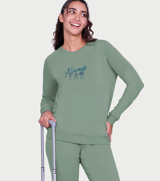 Enamor Full Sleeve Round Neck Regular Length Slip On Sweatshirt For Women - Graphic Print, Relaxed Fit - E079 (Iceberg Green Always Fab Graphic)