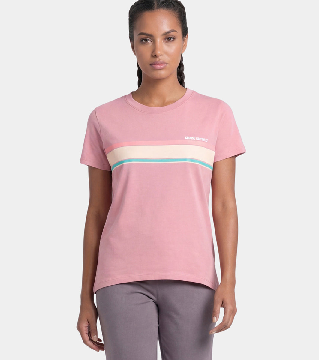 Enamor Short Sleeve Crew Neck Regular Length High Low Striped T-Shirt For Women-  Relaxed Fit, Soft and Breathable Stretch Cotton - E3S5 (Lilas/Pool Blue Strips)