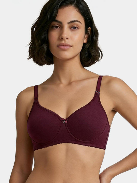 Enamor Comfort Shaper with Plush Side Shaper Panel Women's Cotton Everyday T-Shirt Bra - Detachable Straps, Non Padded, Wirefree, High Coverage - A055 (Grape wine)