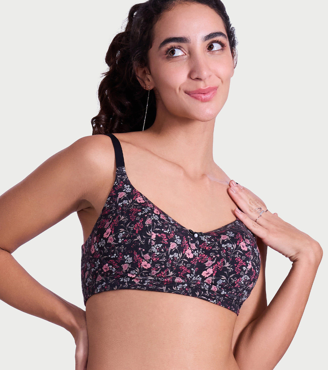 Enamor Full Support Modal T-Shirt Bra - Padded, Non-Wired, Full Coverage - A177 (Black Bouquet Print)