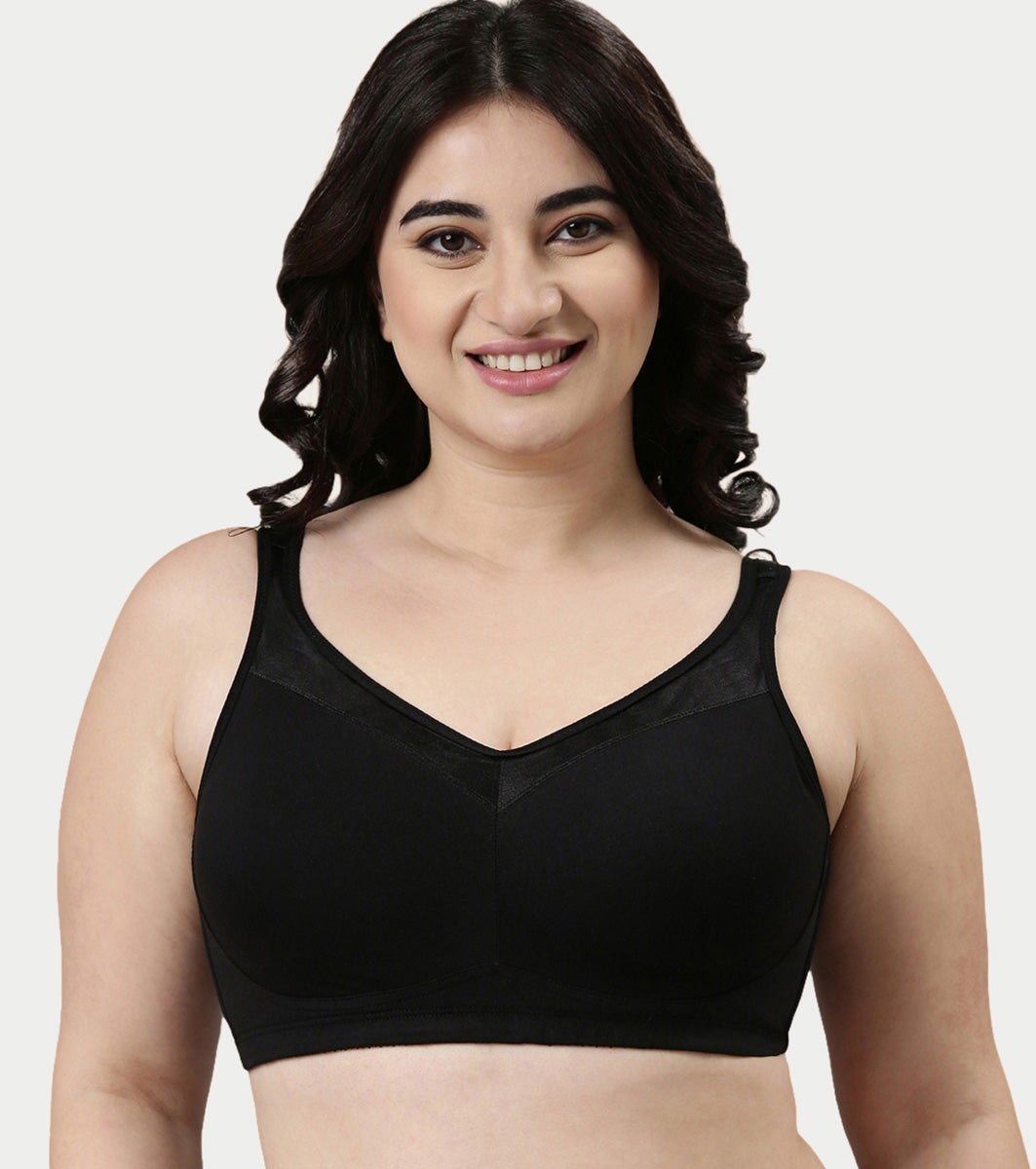Enamor Full Support Super Lift Women's Cotton Everyday Minimizer Bra - Non Padded, Wirefree, Full Coverage - A112 (Available in Plus sizes) (Black)