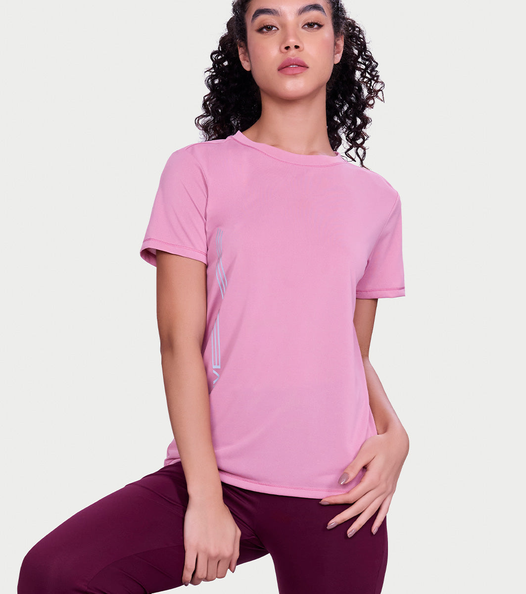 Enamor Short Sleeve Crew Neck Regular Length Basic Dry Fit Workout Crew T-Shirt for Women - Relaxed Fit, Quick Dry, Antimicrobial - A309 (Cosmetic Pink)
