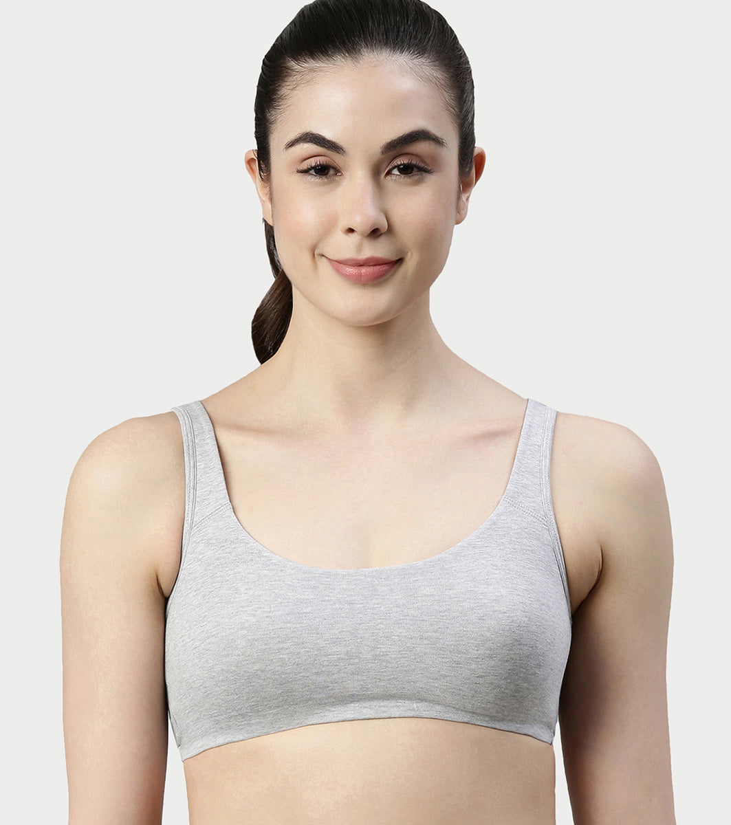 Enamor Low Impact Women's Cotton Everyday Sports Bra - All Day Comfort, Non Padded, Wirefree, High Coverage - SB06 (Greymelange)