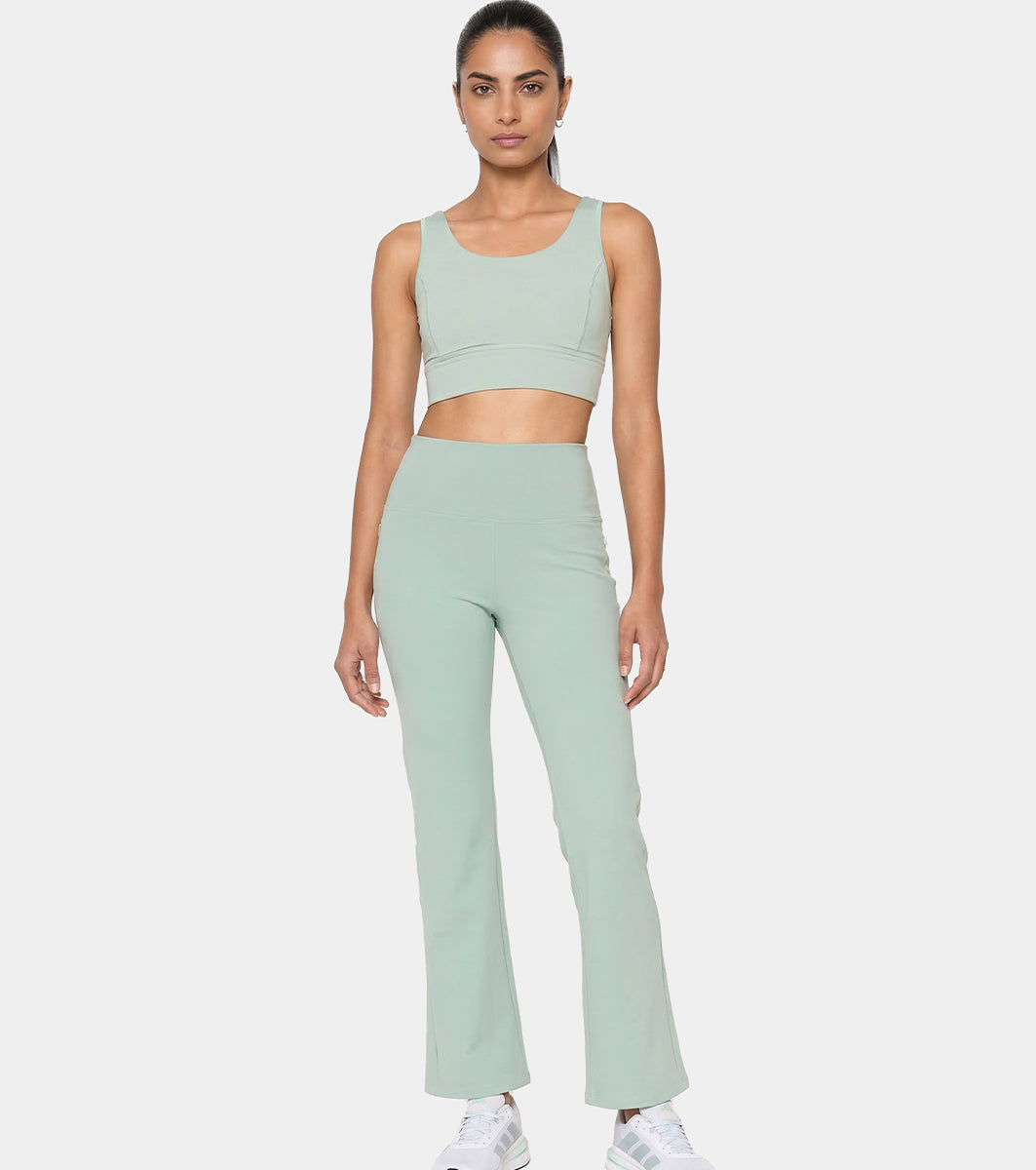 Enamor Fav Flare Pants – Butter-soft dry-fit, high-rise support & sleek flared style -A407 (Sage Green)
