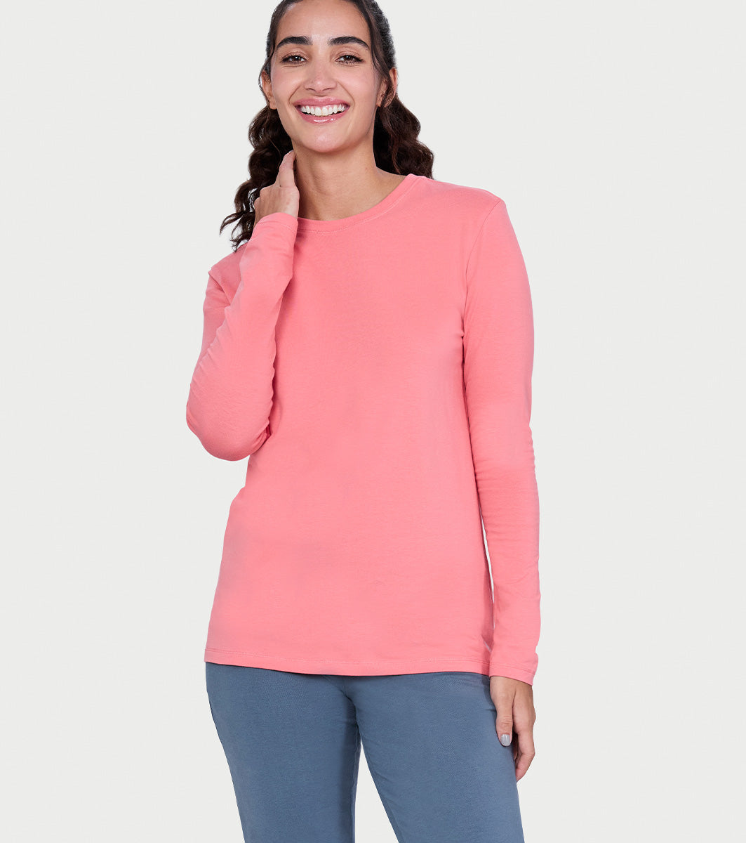 Enamor Full Sleeve Crew Neck Regular Length Basic Crew T-Shirt For Women - Slim Fit, Soft and Breathable Stretch Cotton - E057 (Peach Blossom)