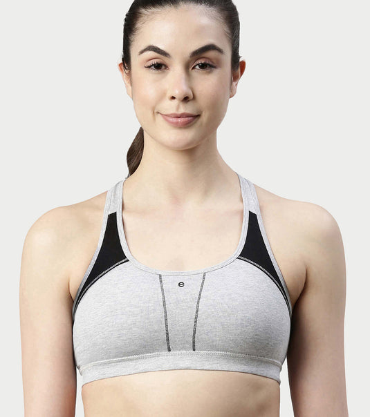 Enamor Medium Impact, Side Panel Shaping, Racer Back Women's Cotton Sports Bra - Padding with Removable Cups, Wirefree, High Coverage - SB08 (Greymelange)
