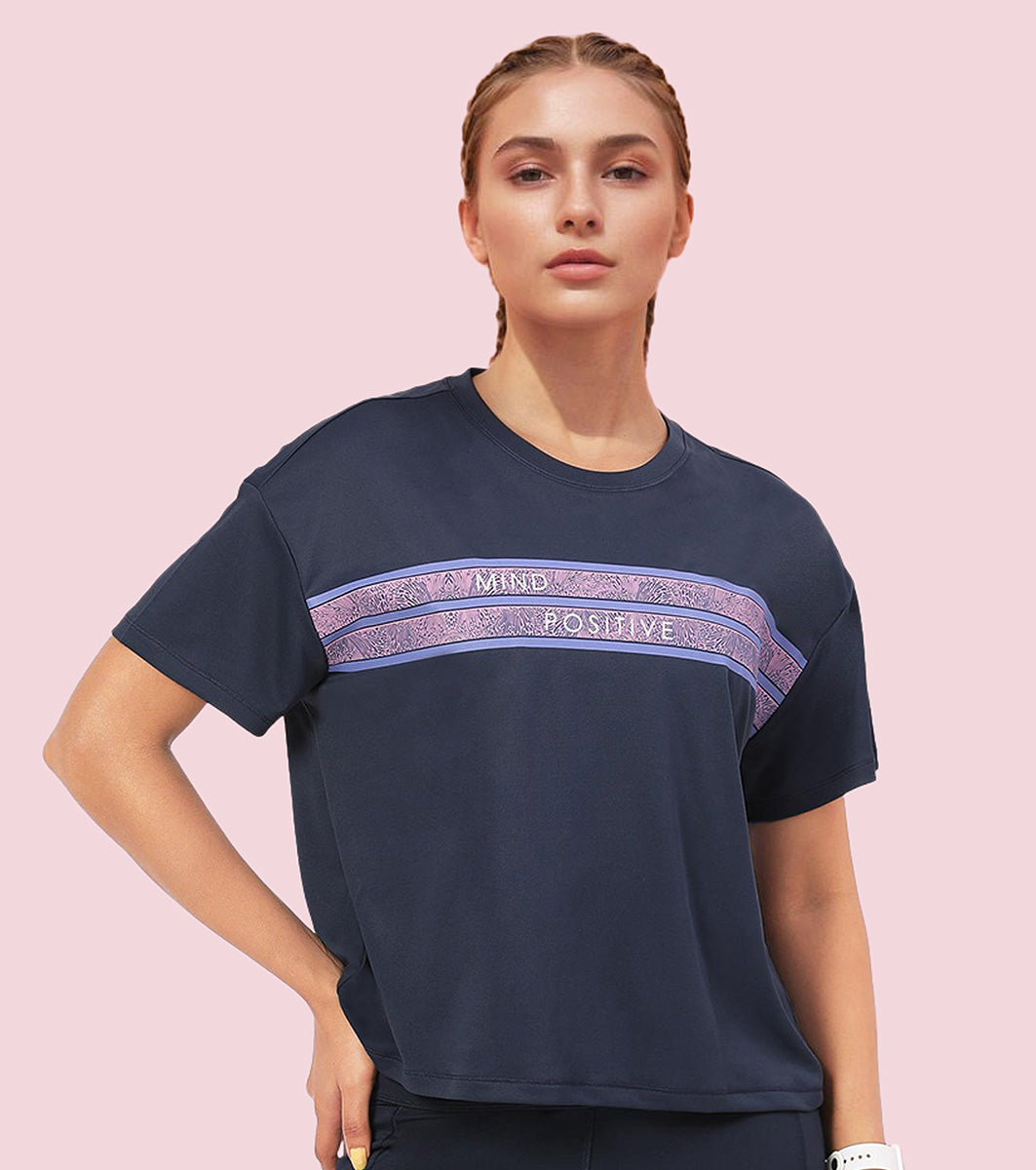Enamor A311 Typographic Printed Drop Shoulder Sleeves Relaxed Fit Crop T-shirt - Navy-Mind Positive