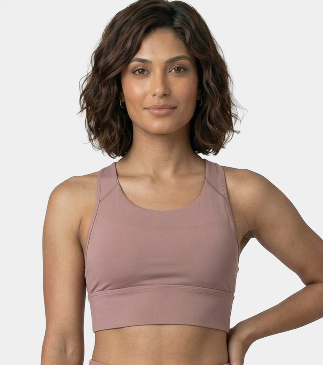 Enamor Wide Straps Seamed T-back Basic Workout Sports Bra - Quick Dry, Antimicrobial, Removable Padding, Non-Wired, Full Coverage - A202 (Twilight Mauve)