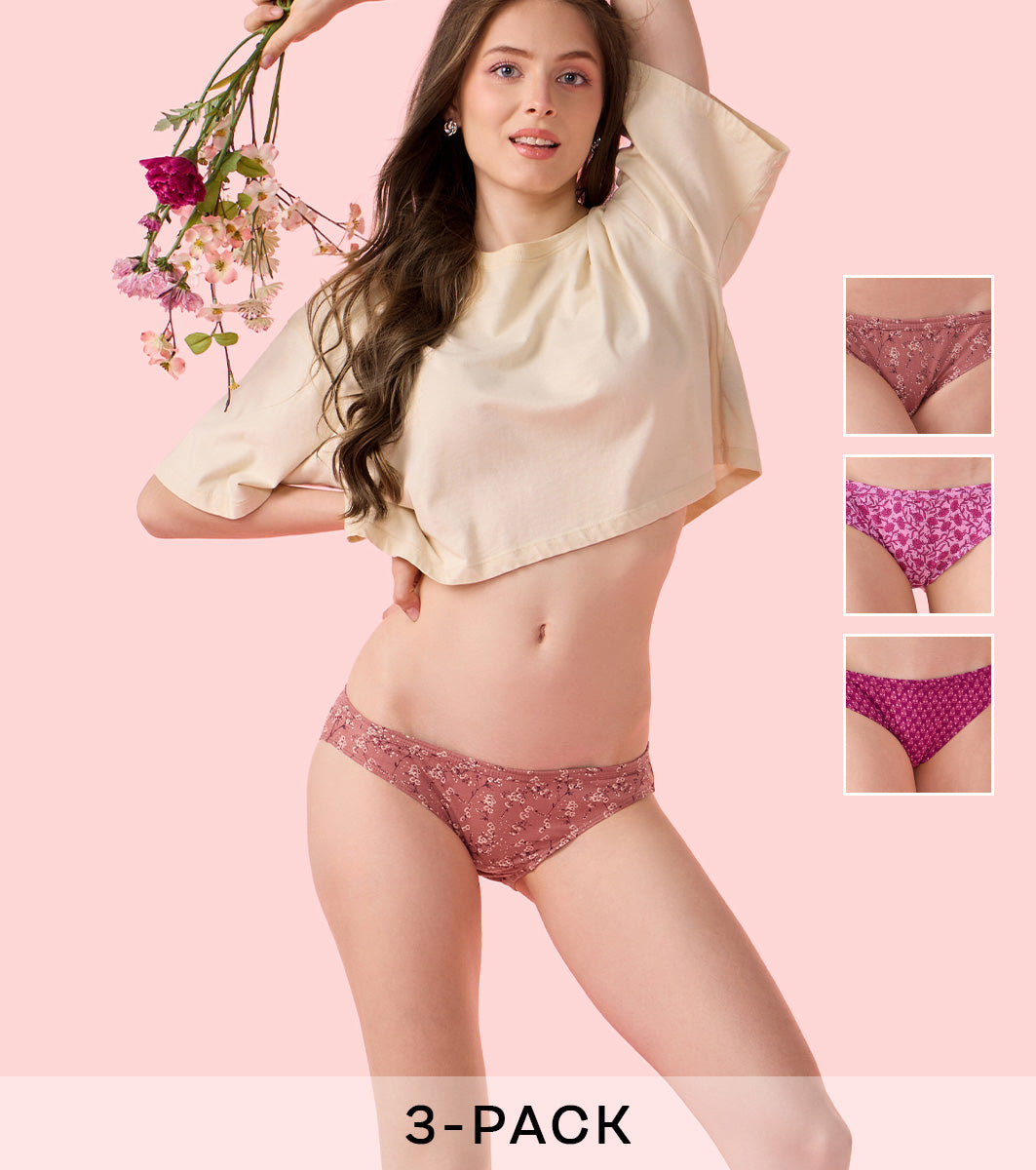 Enamor Chic Cotton, All Day Comfort, Low Waist Bikini Panty for Women - Inner Elastic, Regular Coverage - CB09 Pack of 3 (Multicolorprint)