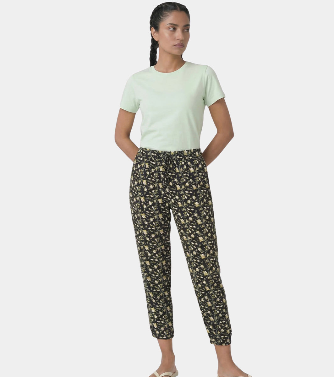 Enamor Mid Rise 7/8th length Drawstring Closure Shop In Pants for Women - Relaxed Fit, Soft & drapey 4-way stretch - E048 (Jet Black Big Floral Print)
