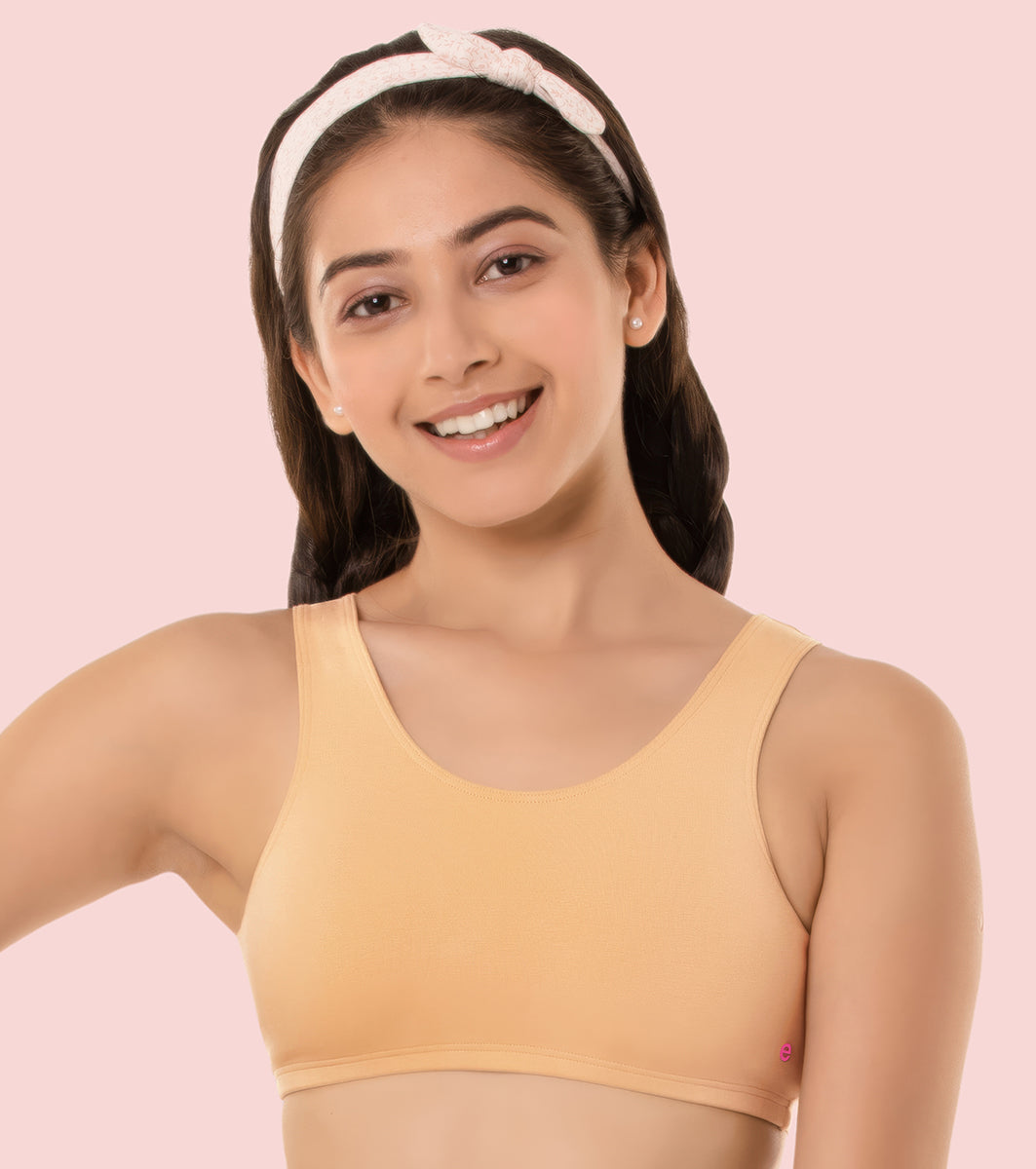 Enamor Innovations  Easy Fit, Antimicrobial, Front Double Layer ,Women's Cotton Beginner's Bra - Pop-On Style, Non Padded, Wirefree, High Coverage  - BB01 (Skin)