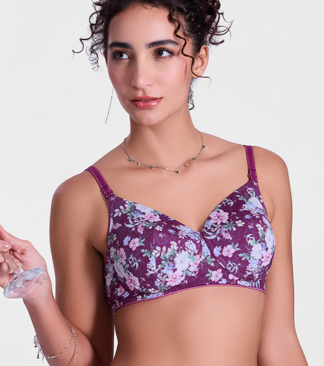 Enamor Innovations  Ecolite, smoother Perfect Lift Women's T-Shirt Bra - Padded, Wirefree, High Coverage  - F165 (Damask Plum Print)