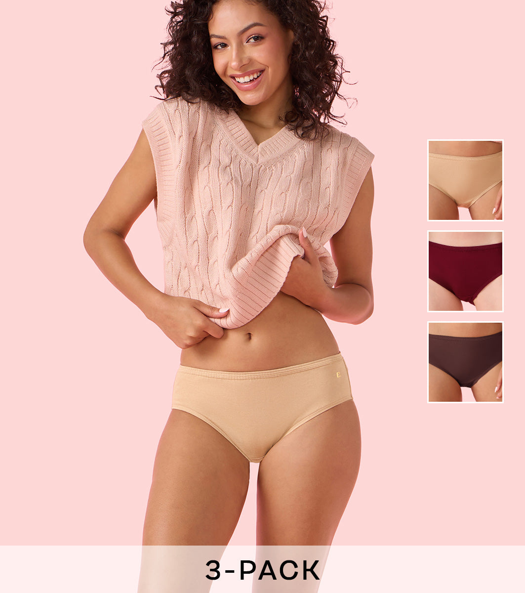 Enamor Chic Cotton, All Day Comfort, Mid Waist Hipster Panty for Women - Inner Elastic, Full Coverage - CH09 Pack of 3 (Multicolorsolid)