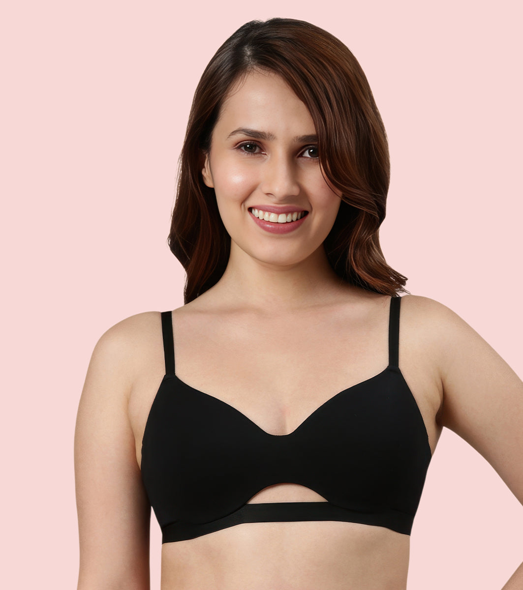 Enamor CloudSoft A032 Invisible Neckline Cotton T-shirt Bra for Women- Medium Coverage, Padded and Wirefree - Black