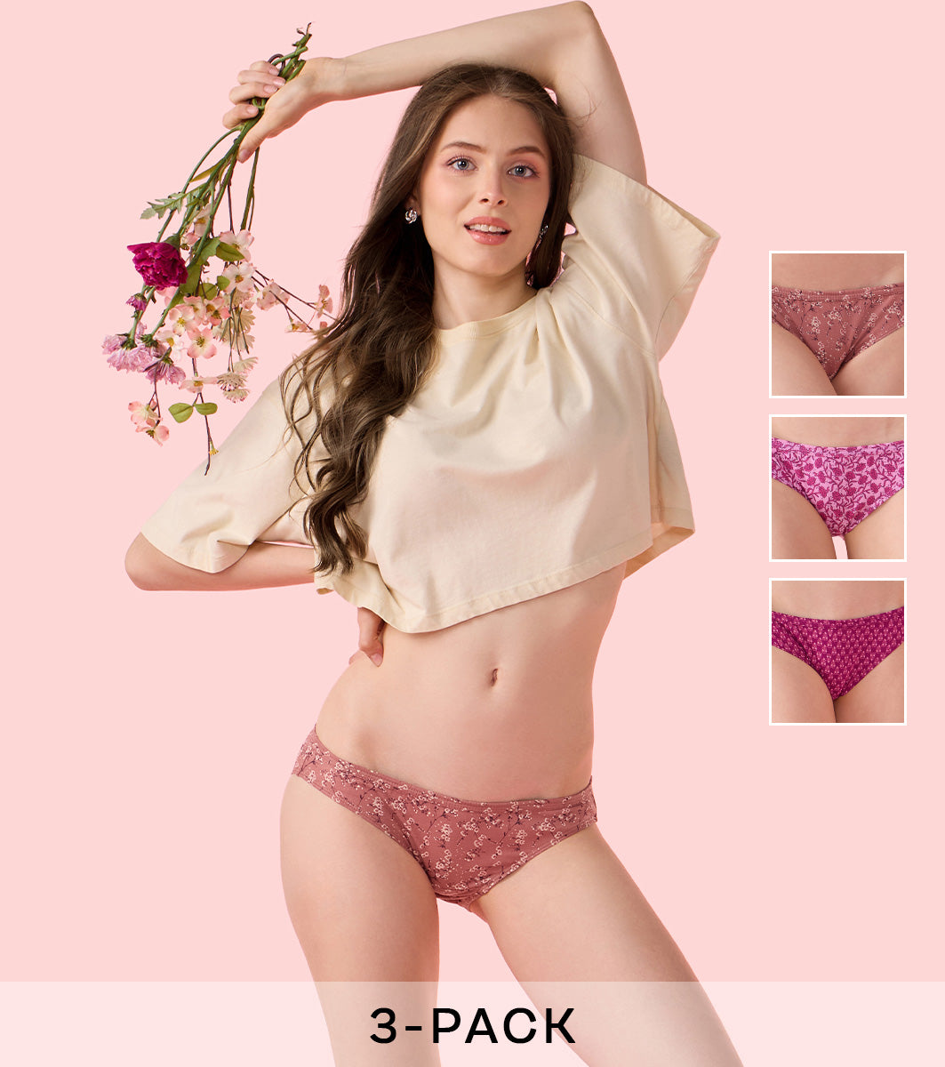 Enamor Chic Cotton, All Day Comfort, Low Waist Bikini Panty for Women - Inner Elastic, Regular Coverage - CB09 Pack of 3 (Multicolorprint)