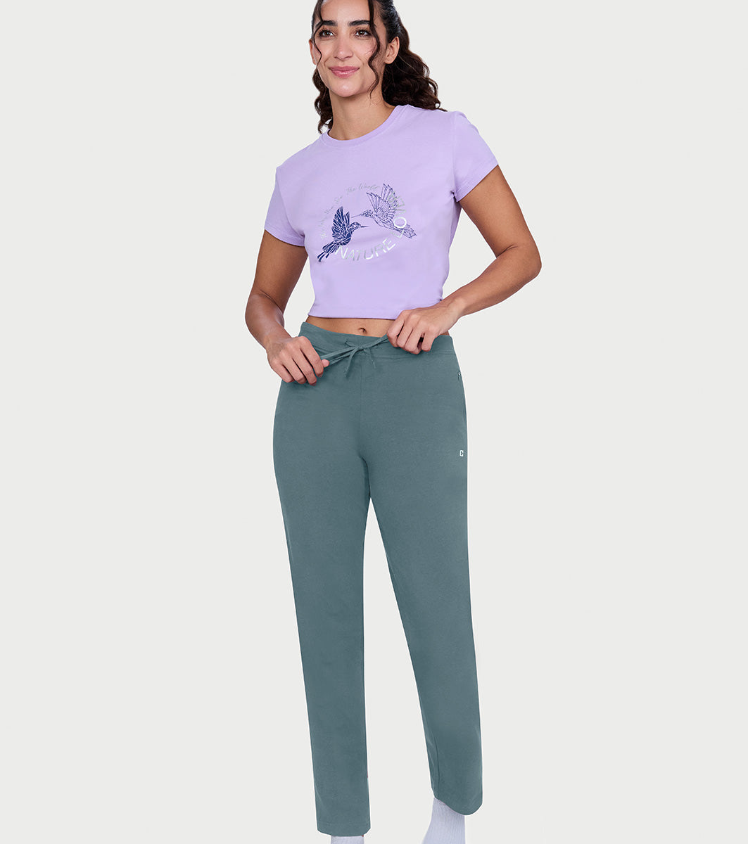 Enamor Mid Rise Regular Length Drawstring Closure Lounge Pants For Women - Slim Fit, Soft and Breathable Stretch Cotton - E014 (Stormy Blue)