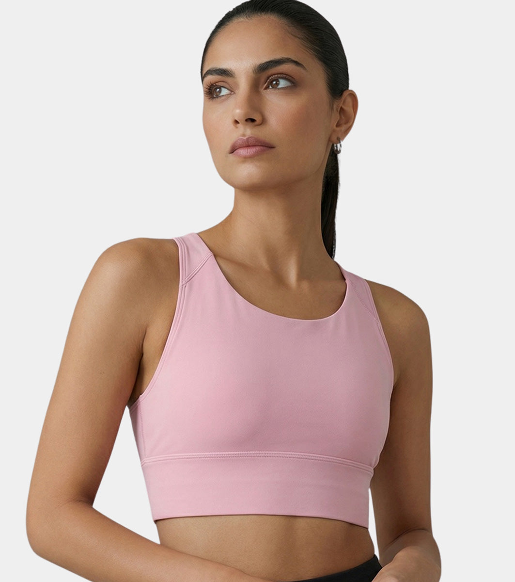 Enamor Wide Straps Seamed T-back Basic Workout Sports Bra - Quick Dry, Antimicrobial, Removable Padding, Non-Wired, Full Coverage - A202 (Pink Nectar)
