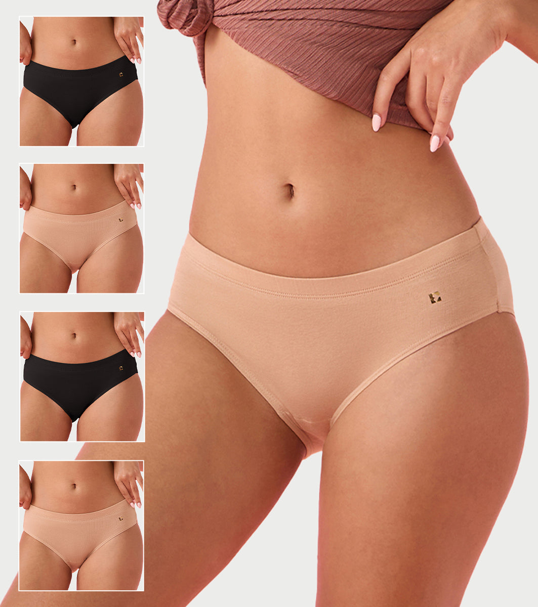 Enamor CR17 Chic Stretch Cotton, All Day Comfort, Mid Waist Hipster Panty for Women - Naturally Breathable, Antimicrobial with Stain release, Inner Elastic, Full Coverage -  Pack of 5 (Jet Black / Nude)