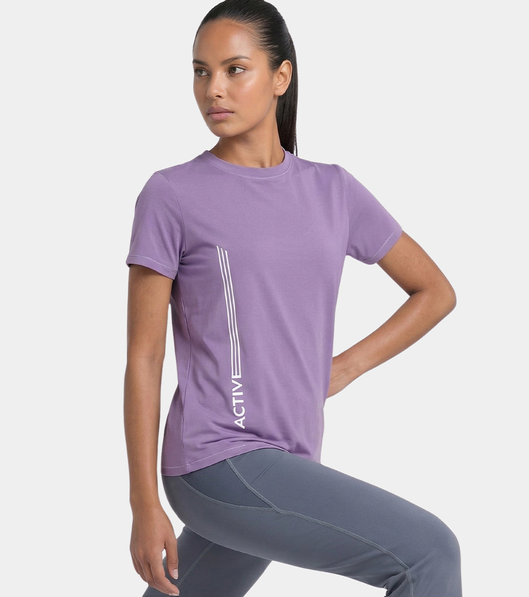 Enamor Short Sleeve Crew Neck Regular Length Basic Dry Fit Workout Crew T-Shirt for Women - Relaxed Fit, Quick Dry, Antimicrobial - A309 (Purple Haze Active Reflective Graphic)