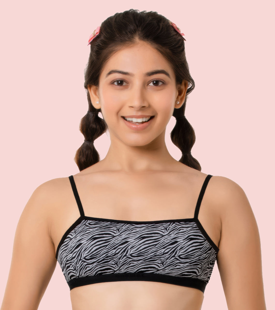 Enamor Innovations Antimicrobial , Cami Neck, Front Double Layer  Women's Cotton Beginner's Bra - Non Padded, Wirefree, Medium Coverage  - BB03 (Blk/Zee Stripes Prt)