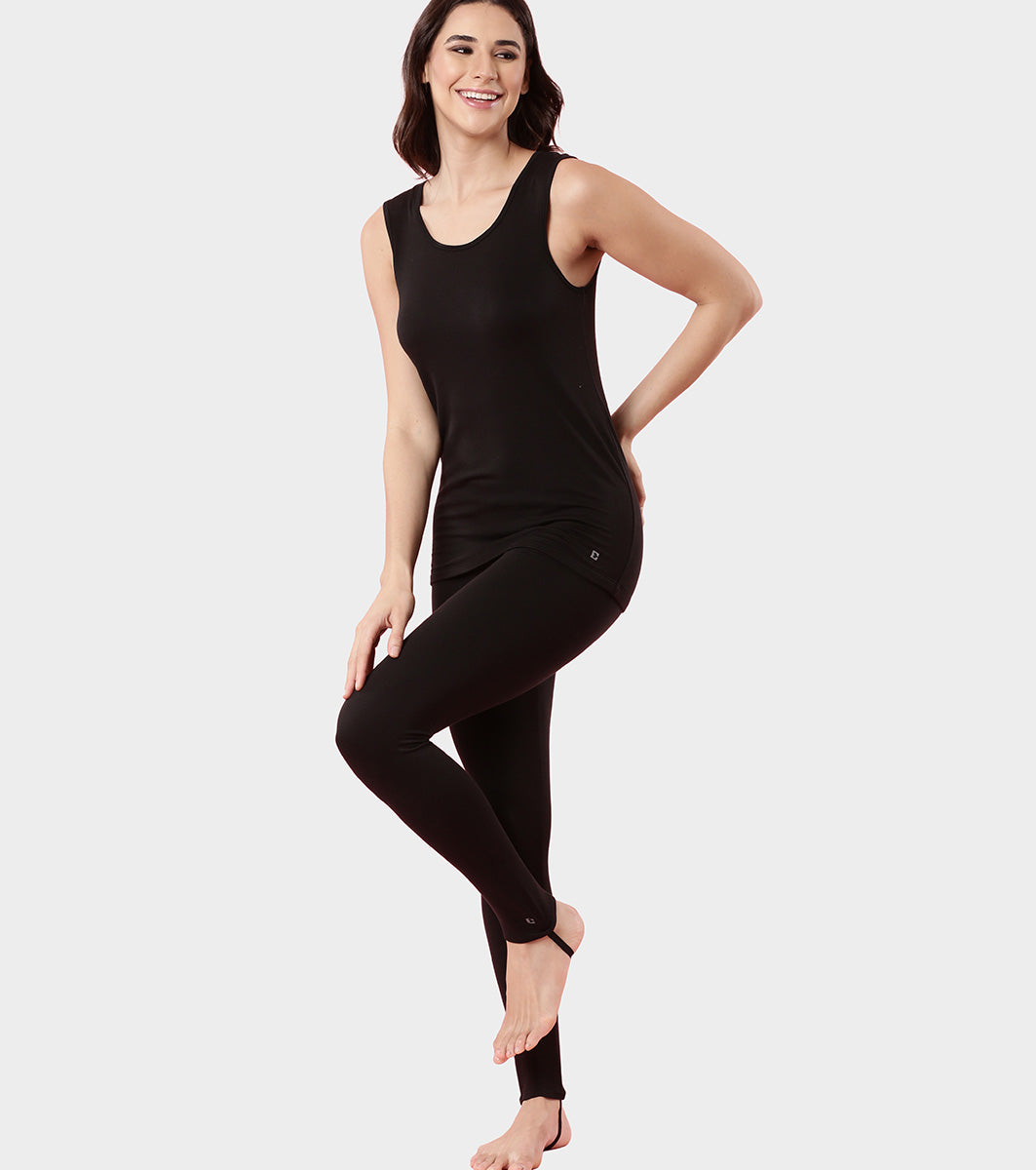 Enamor TH06 Women's Thermal Leggings with Soft Heat Generating Fabric, No Roll-Up with Stirrups at Bottom Hem, Engineered with HeatSkins™ Warm Technology.  (Black)