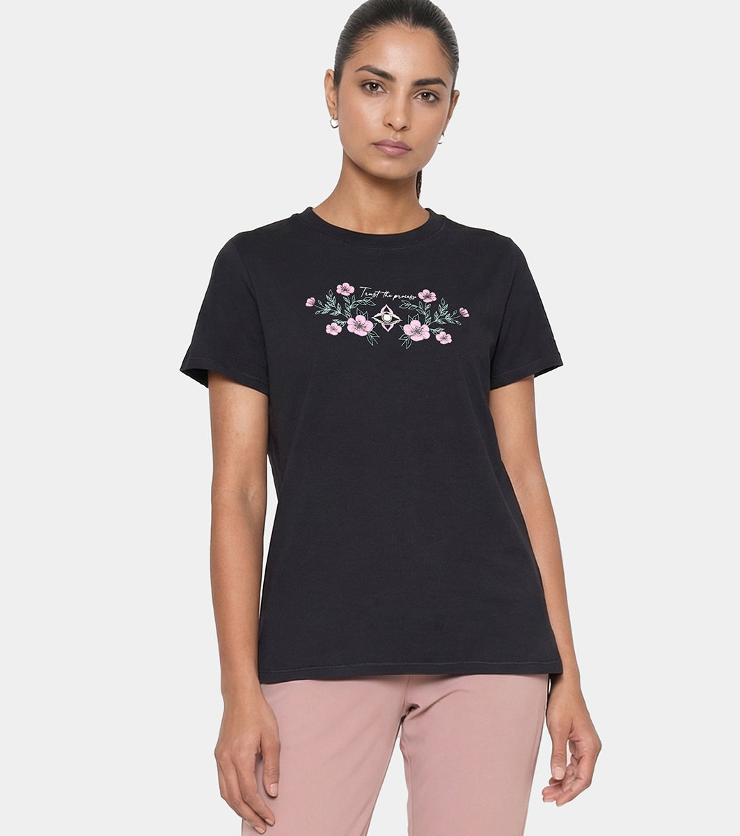 Enamor Short Sleeve Crew Neck Regular Length Cotton Active T-Shirt for Women - Relaxed Fit, Super Soft, Anti-Odour - A301 (Jet Black/Trust The Process Graphic)