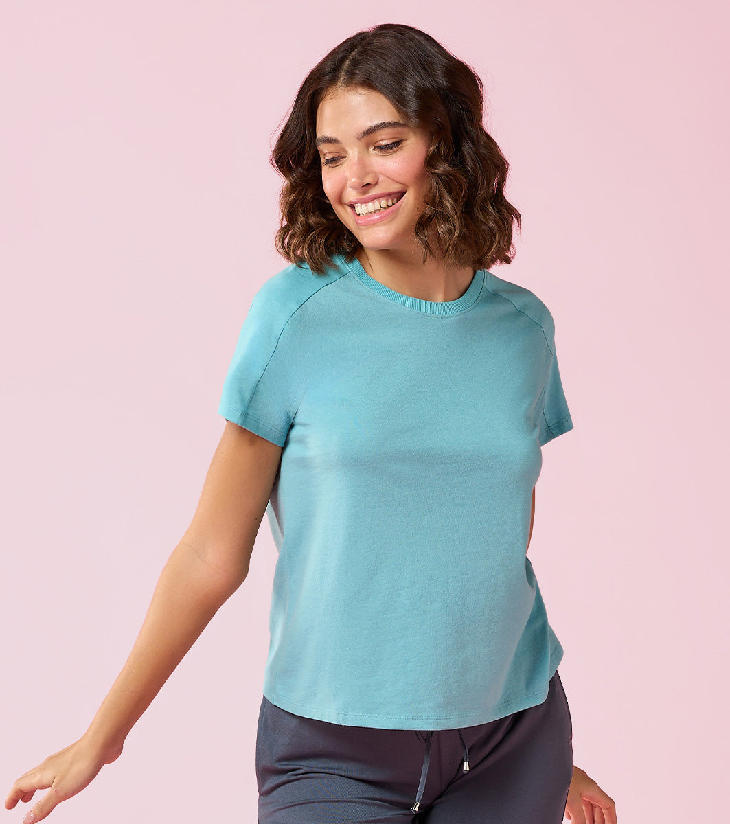 Enamor E306 Women Stretch Cotton with Rib Neck Band Cut & Sew Relaxed Fit T-Shirt - Marine Blue Mel