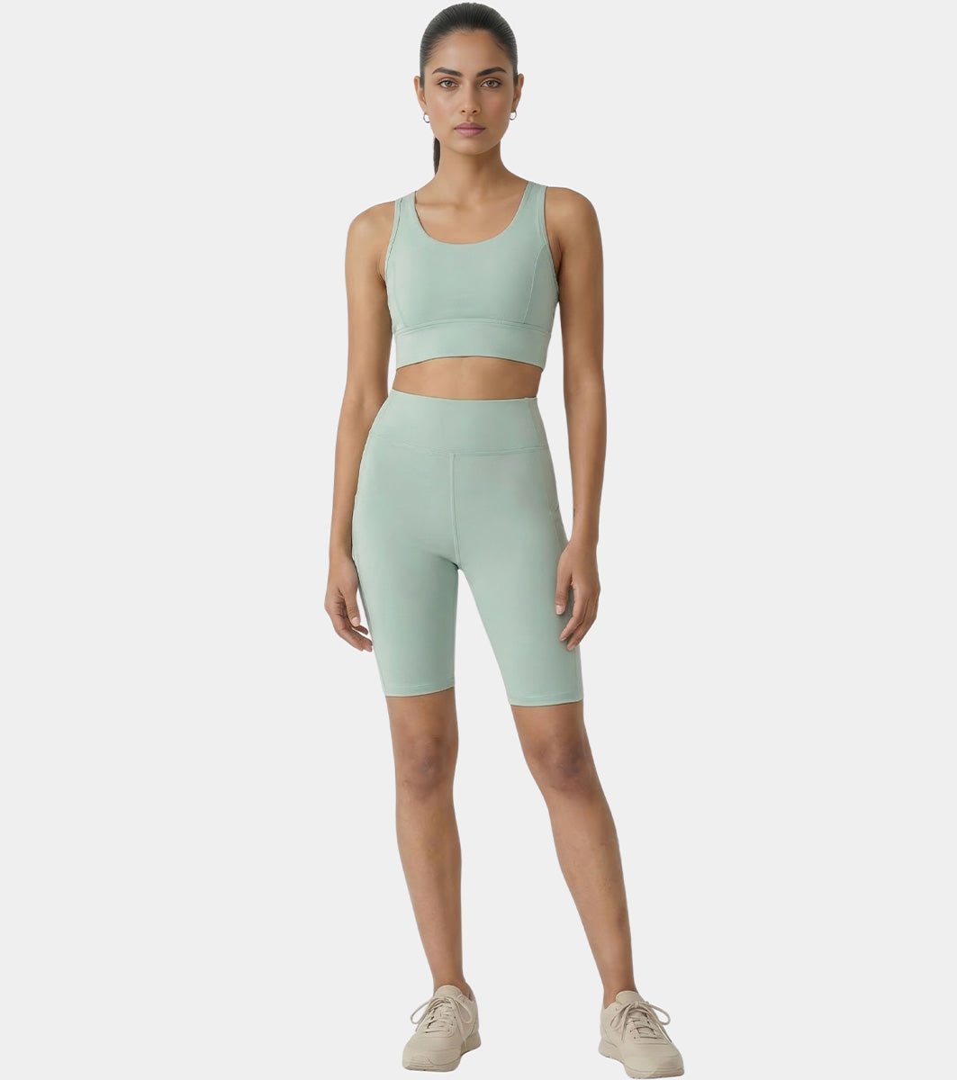 Enamor Knee length High Rise Elasticated Waist Skinny Tights with Pockets For Women - Hugged Fit - A703 (Sage Green)